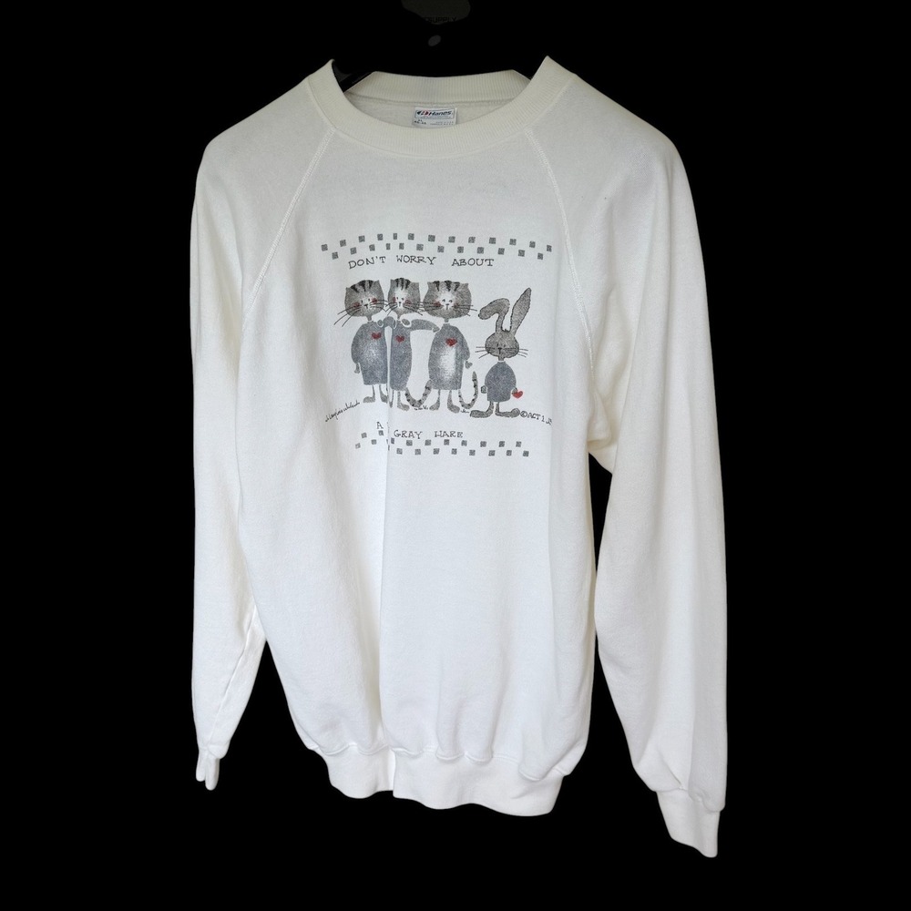 Vintage 80's Cats Rabbit Sweatshirt White XL A Little Gray Hare Pullover Humor